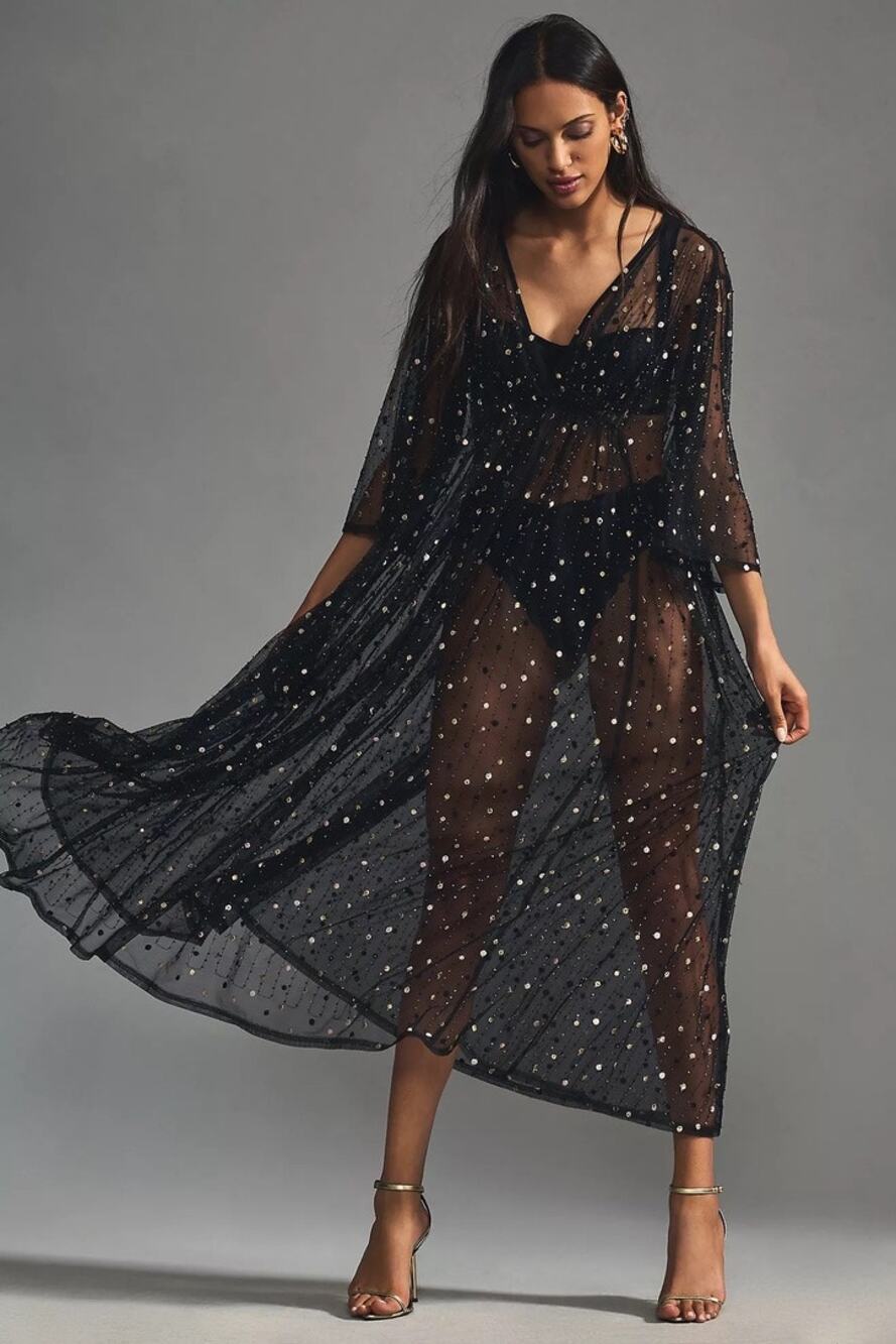 By Anthropologie Beaded Sheer Kaftan Black Embroidered One Size Sparkle